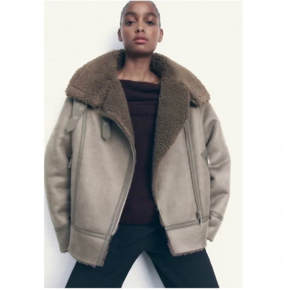 NEW WITH TAGS ZARA WOMEN FAUX LEATHER SHEARLINGDOUBLE-FACED BIKER JACKET